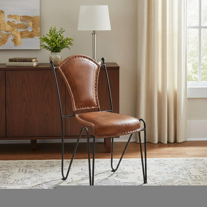 18" Brown and Black Genuine Leather and Iron Side Chair