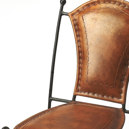 18" Brown and Black Genuine Leather and Iron Side Chair