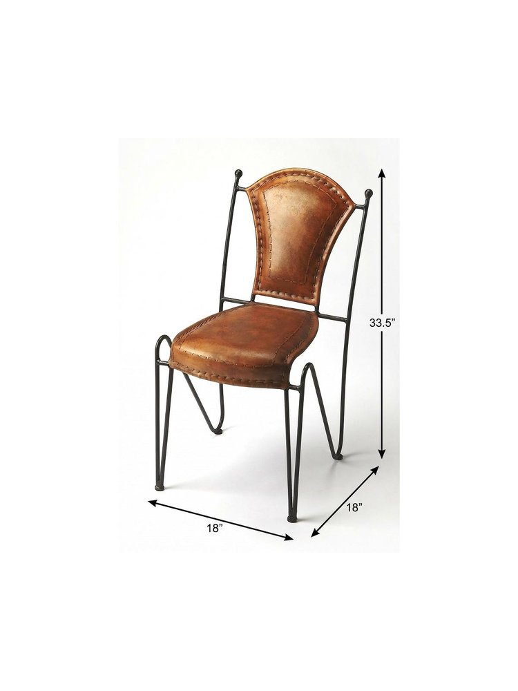 18" Brown and Black Genuine Leather and Iron Side Chair