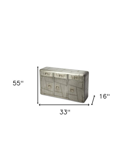 55" Silver Steel Console Accent Cabinet With Three Drawers