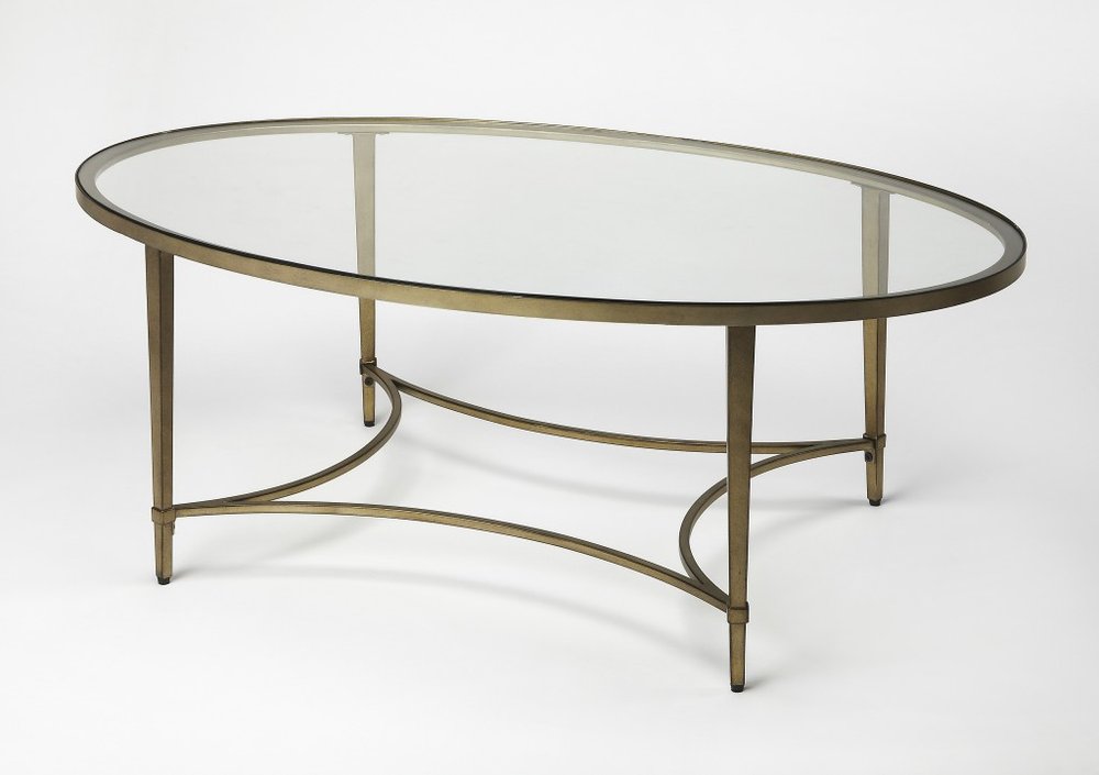 50" Clear and Gold Glass and Metal Oval Coffee Table