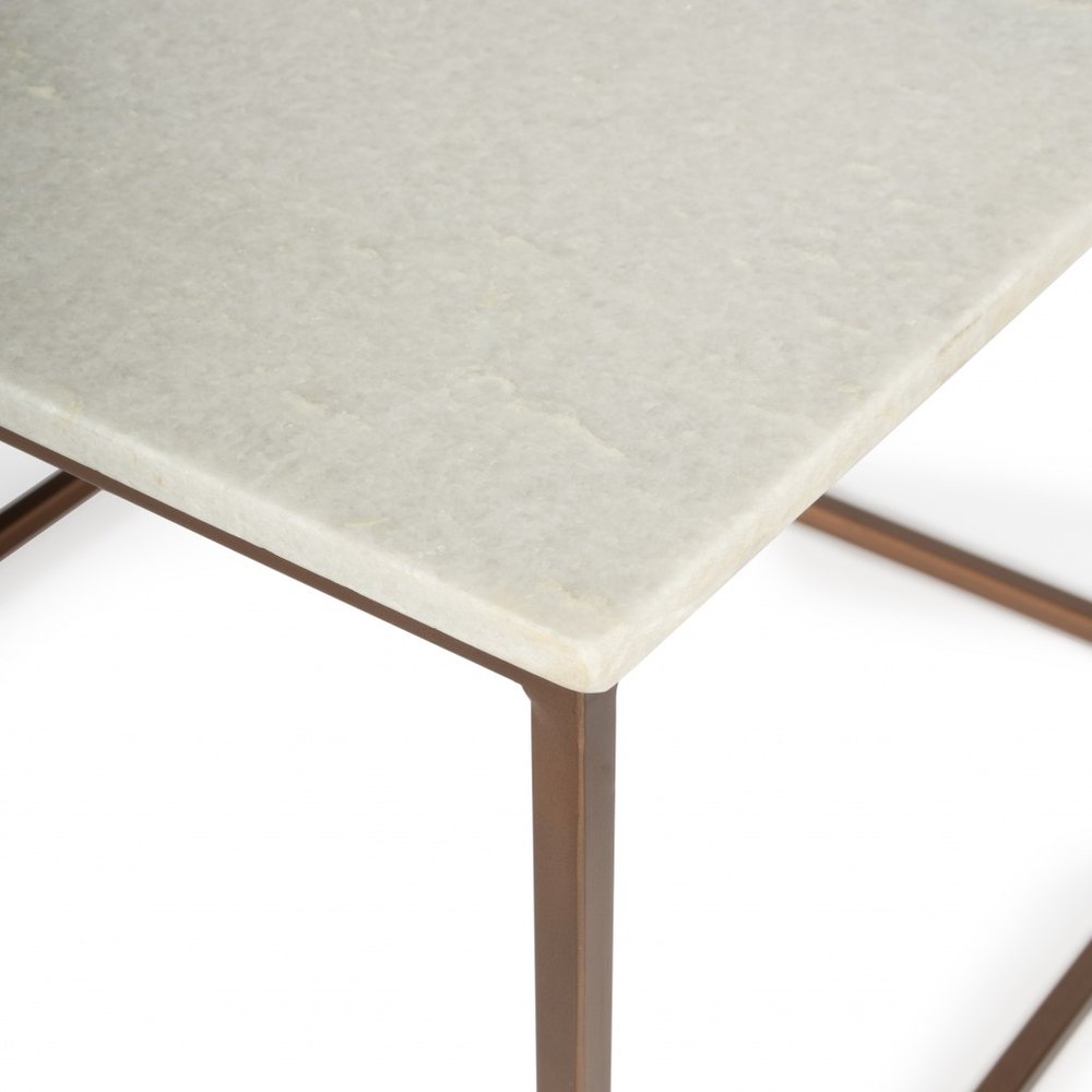 24" White and Copper Genuine Marble and Metal Square Coffee Table