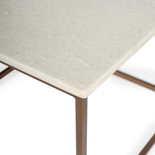 24" White and Copper Genuine Marble and Metal Square Coffee Table