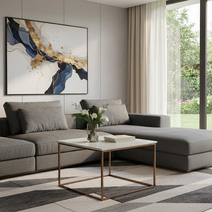 24" White and Copper Genuine Marble and Metal Square Coffee Table