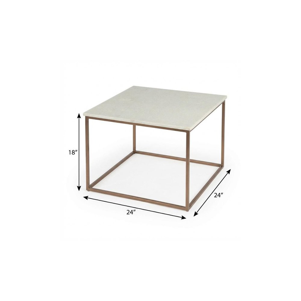24" White and Copper Genuine Marble and Metal Square Coffee Table