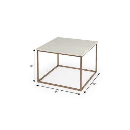 24" White and Copper Genuine Marble and Metal Square Coffee Table