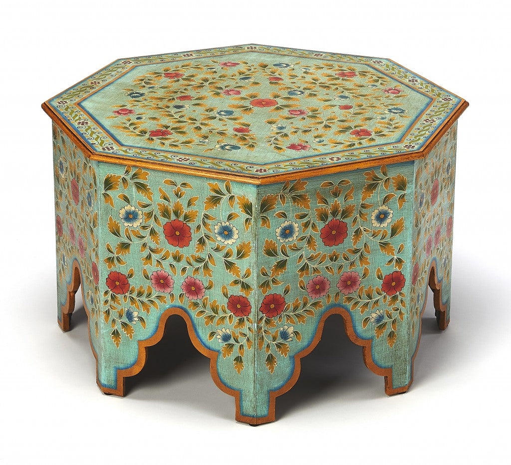 29" Green Wood Hexagon Abstract Coffee Table