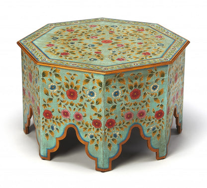 29" Green Wood Hexagon Abstract Coffee Table