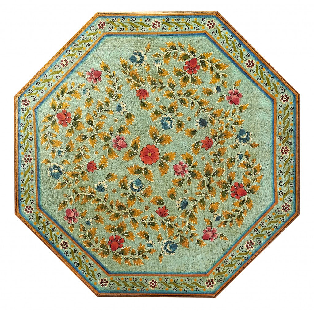 29" Green Wood Hexagon Abstract Coffee Table