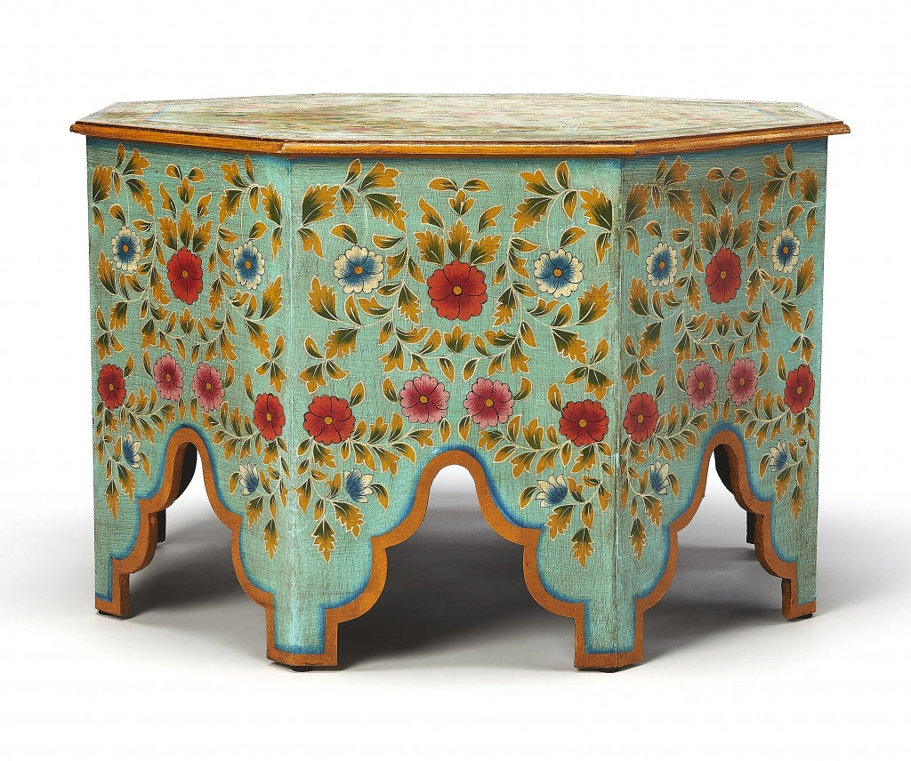 29" Green Wood Hexagon Abstract Coffee Table