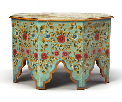 29" Green Wood Hexagon Abstract Coffee Table