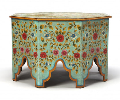 29" Green Wood Hexagon Abstract Floral Coffee Table