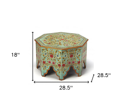 29" Green Wood Hexagon Abstract Coffee Table