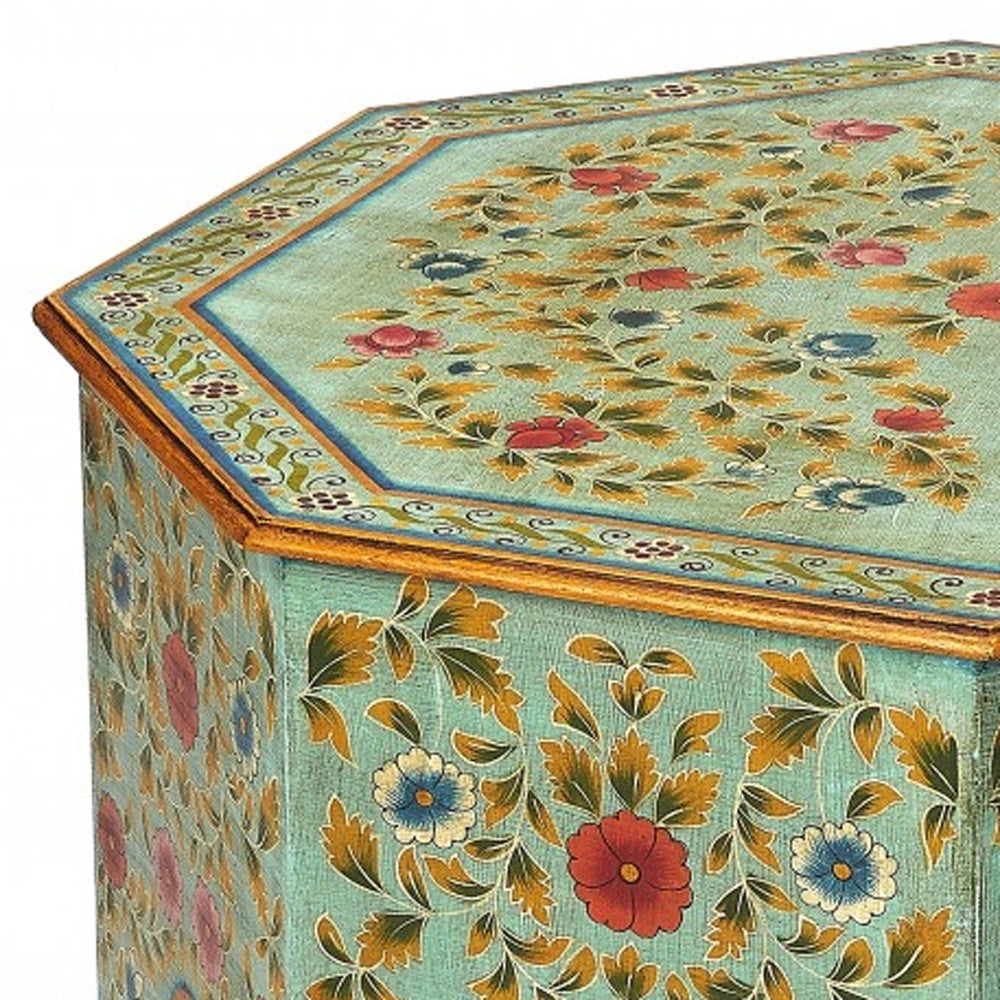 29" Green Wood Hexagon Abstract Coffee Table