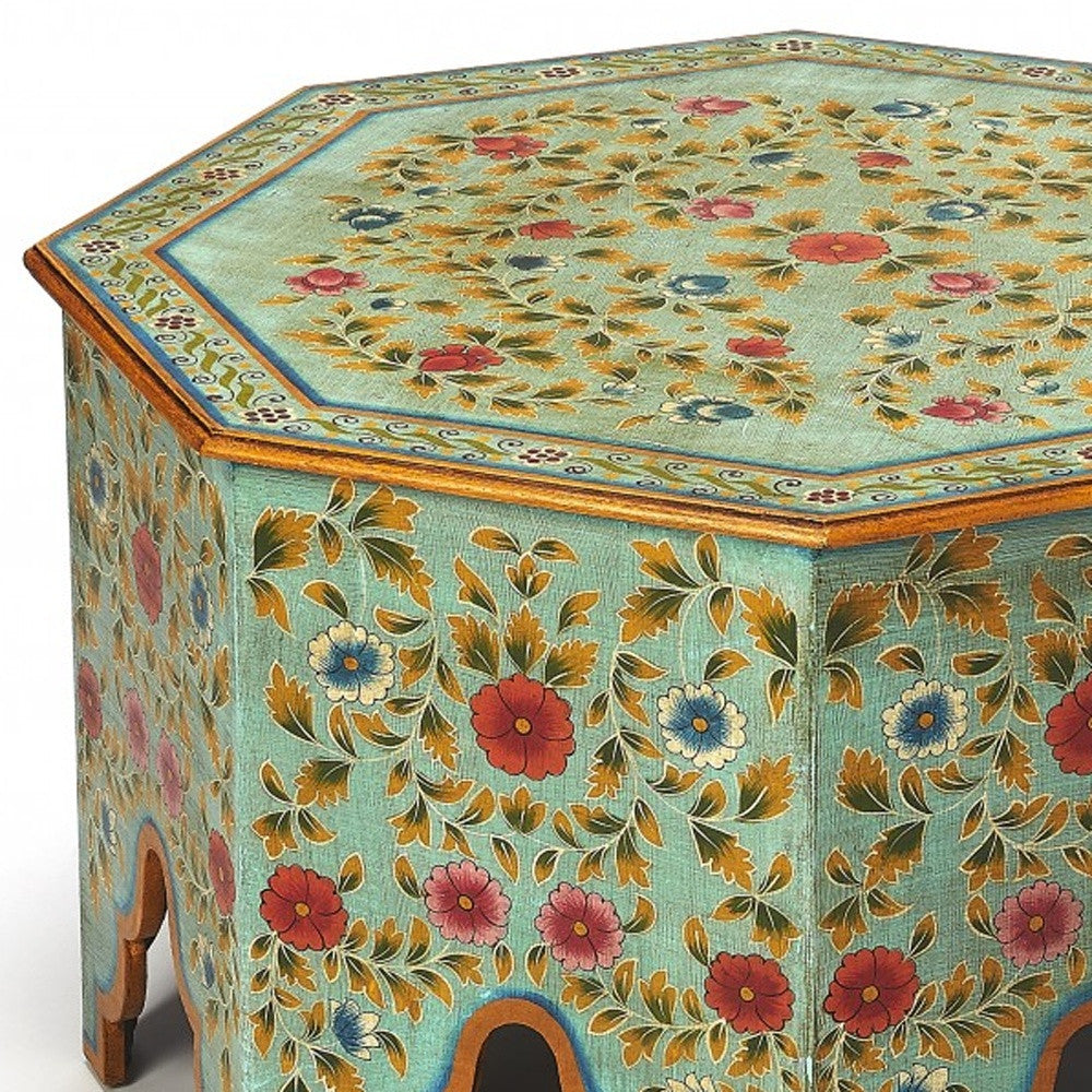 29" Green Wood Hexagon Abstract Coffee Table
