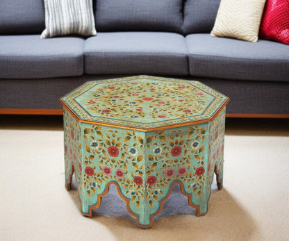 29" Green Wood Hexagon Abstract Coffee Table