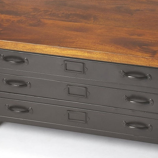 36" Brown and Gray Solid Wood and Metal Square Coffee Table With Three Drawers