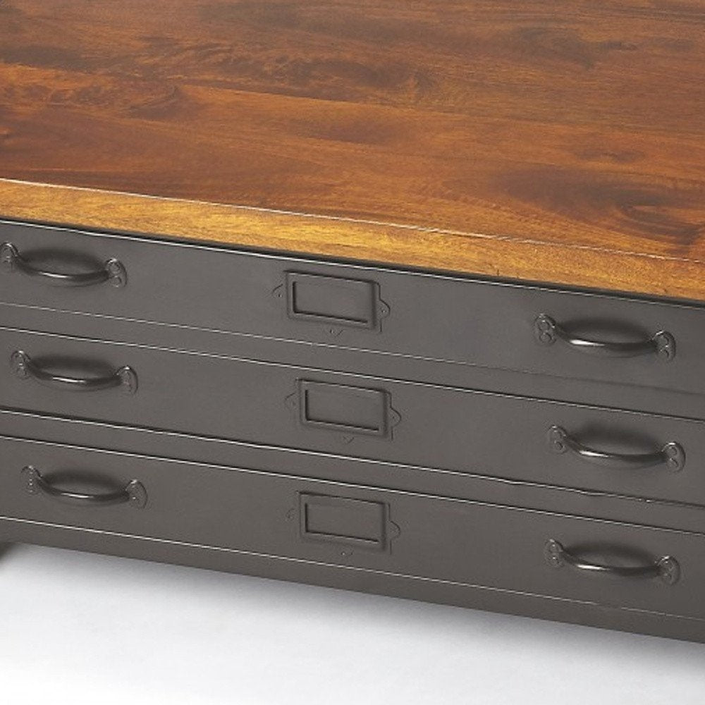 36" Brown and Gray Solid Wood and Metal Square Coffee Table With Three Drawers