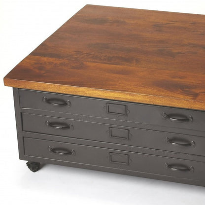 36" Brown and Gray Solid Wood and Metal Square Coffee Table With Three Drawers