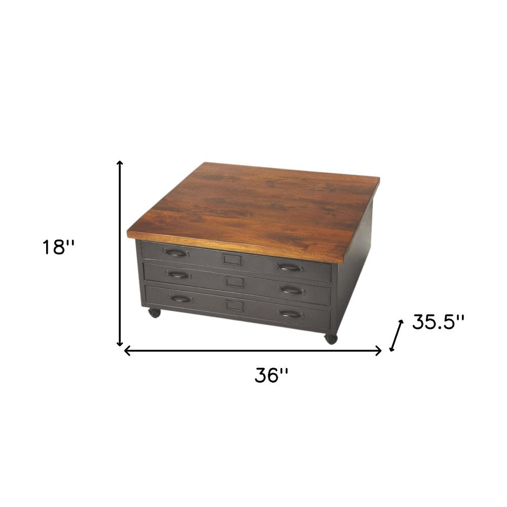 36" Brown and Gray Solid Wood and Metal Square Coffee Table With Three Drawers