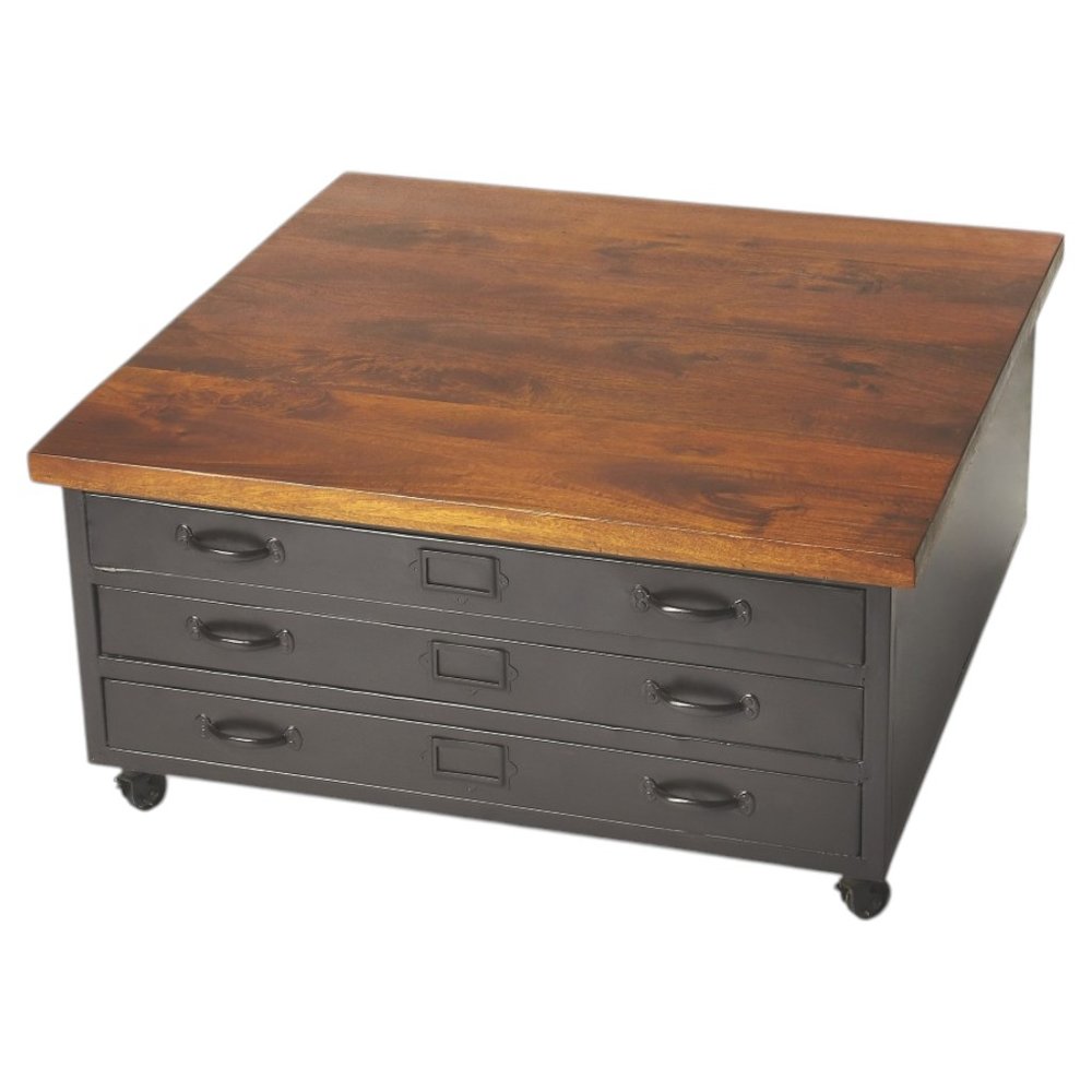 36" Brown and Gray Solid Wood and Metal Square Coffee Table With Three Drawers
