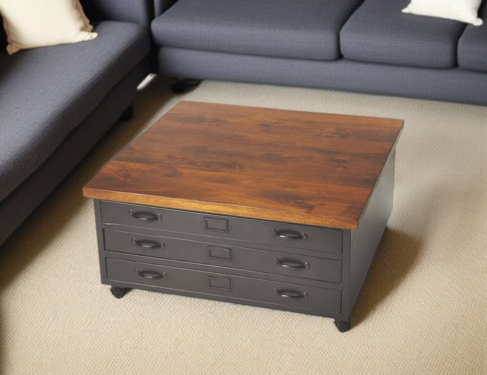 36" Brown and Gray Solid Wood and Metal Square Coffee Table With Three Drawers