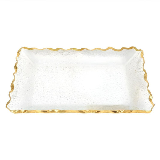14" Clear and Gold Bubble Glass Scalloped Rim Rectangular Tray