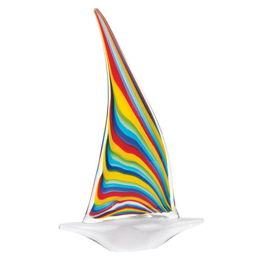 14" Clear Red Blue Yellow Murano Glass Sailboat Tabletop Sculpture