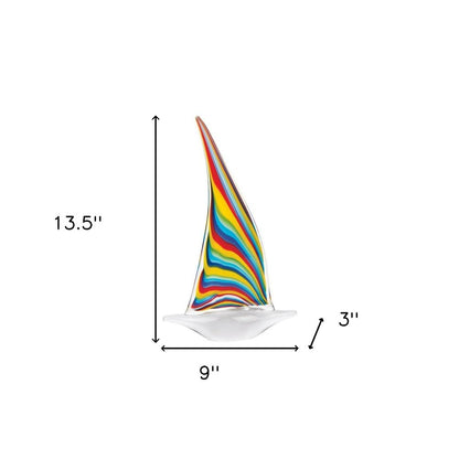 14" Clear Red Blue Yellow Murano Glass Sailboat Tabletop Sculpture