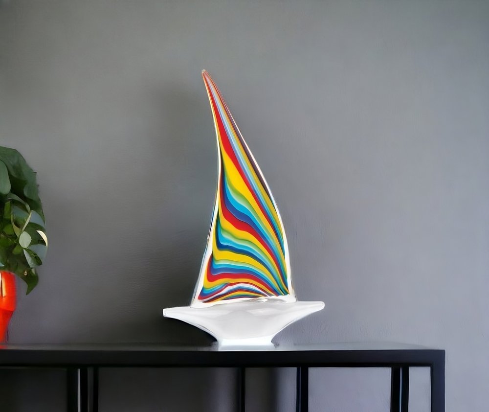 14" Clear Red Blue Yellow Murano Glass Sailboat Tabletop Sculpture