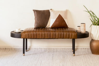 58" Brown And Black Genuine Leather And Solid Wood Upholstered Bench