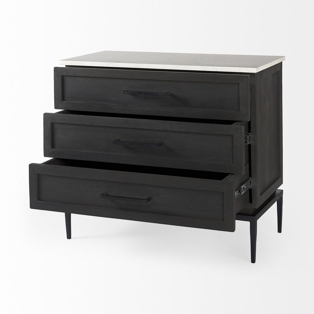 36" Black And White Solid Wood And Marble Three Drawer Dresser