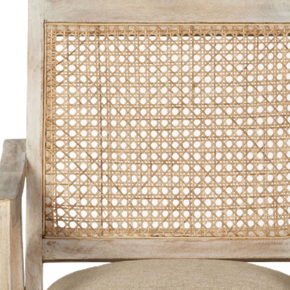 28" Cream and Natural Fabric Distressed Arm Chair