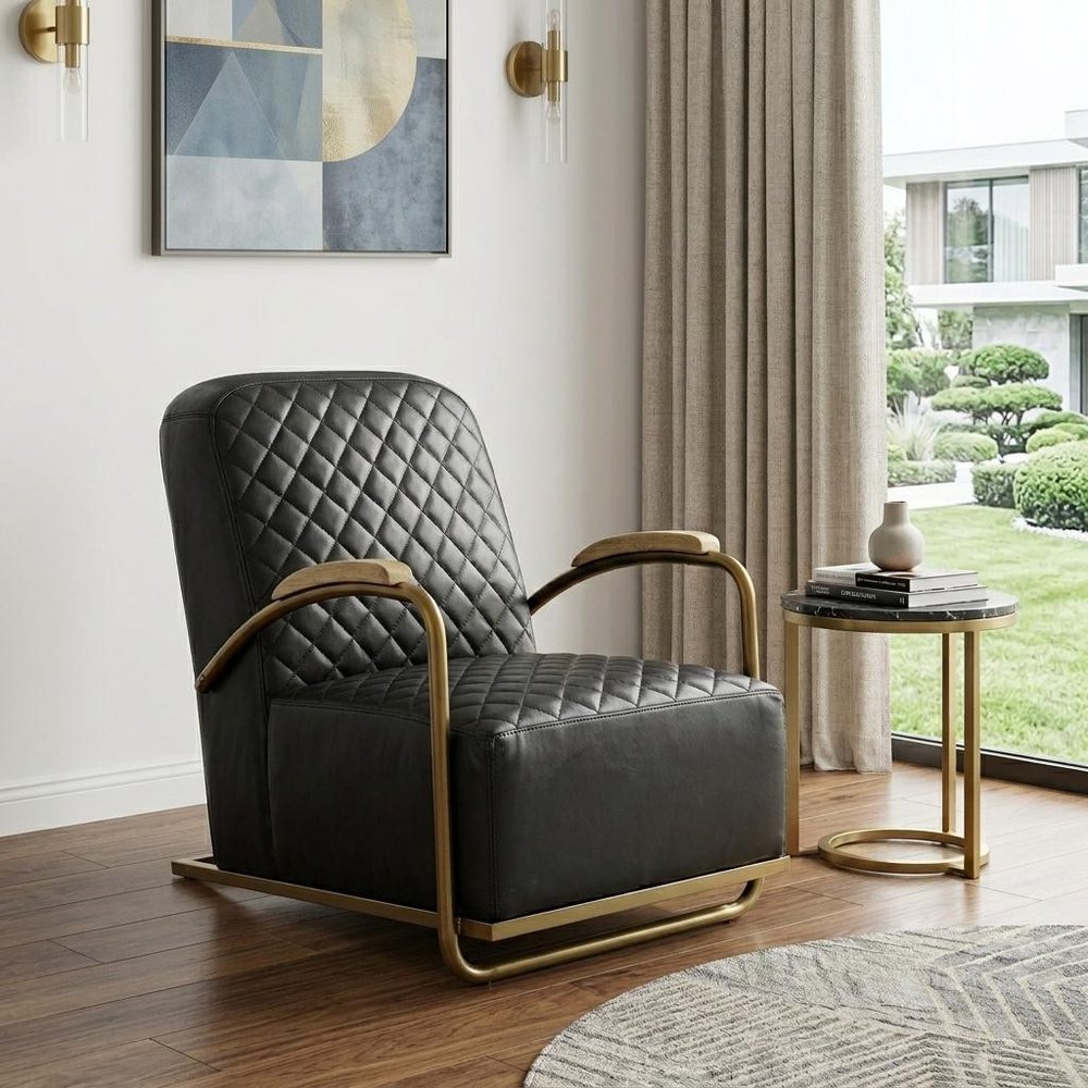 36" Black and Gold Leather Lounge Chair