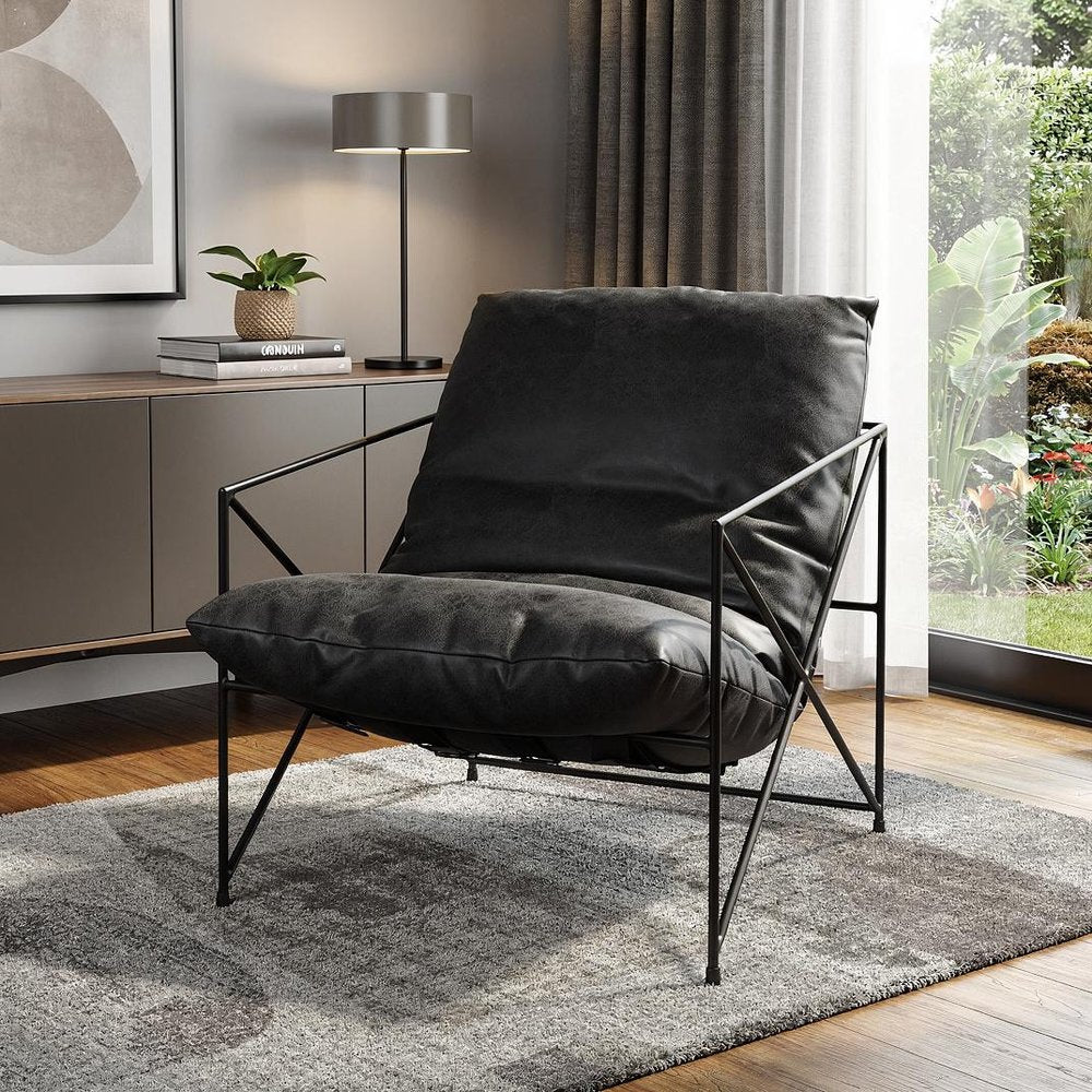 30" Black Faux Leather Distressed Wingback Chair