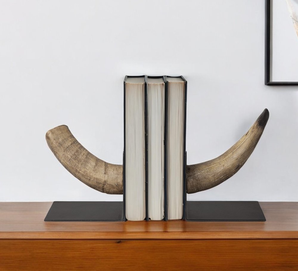 Set of Two 6" Brown and Black Ceramic Horn Decorative Bookends