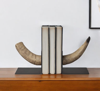 Set of Two Brown And Black Resin And Metal Horn Decorative Bookends
