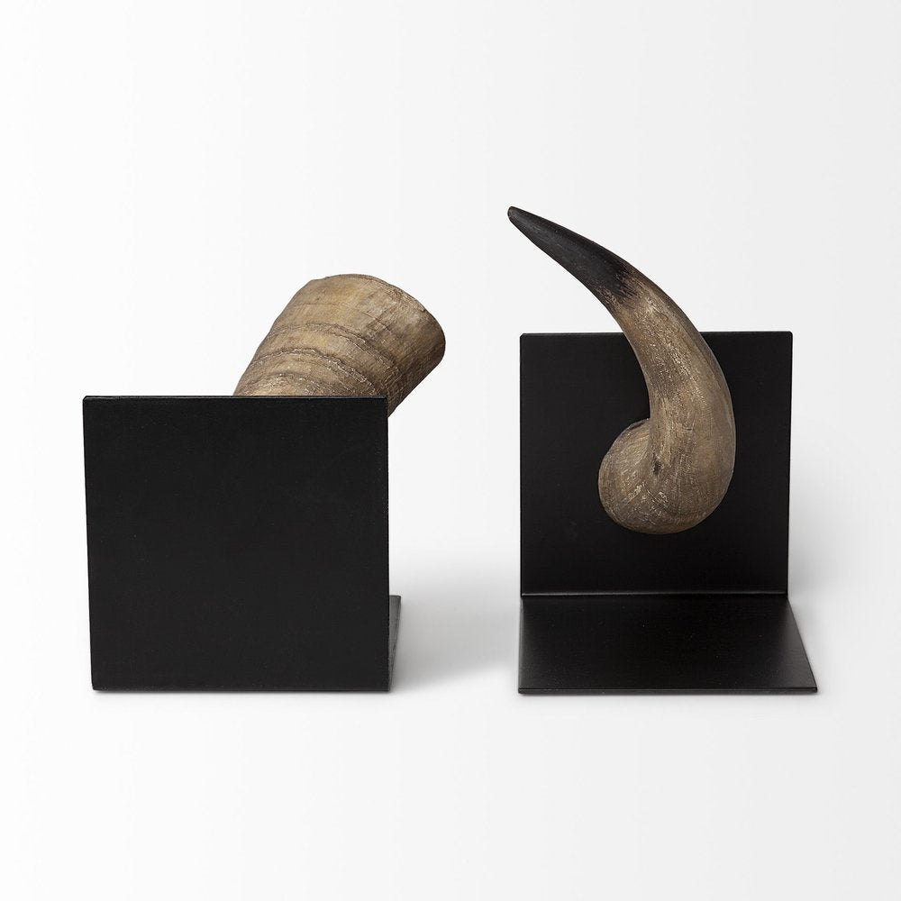Set of Two Brown And Black Resin And Metal Horn Decorative Bookends