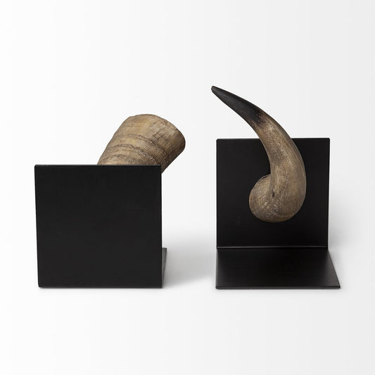 Set of Two Brown And Black Resin And Metal Horn Decorative Bookends