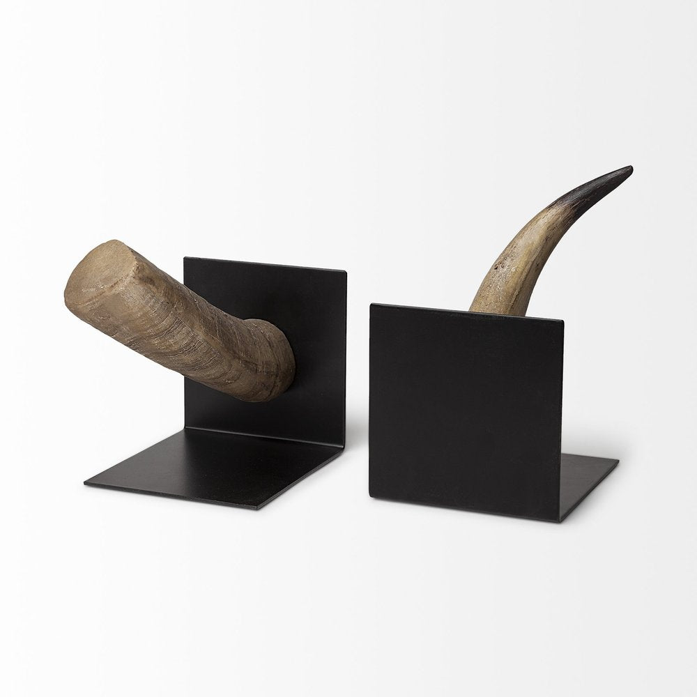 Set of Two Brown And Black Resin And Metal Horn Decorative Bookends