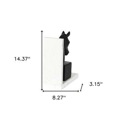 Set of Two 8" Black And White Marble And Resin Horse Decorative Bookends