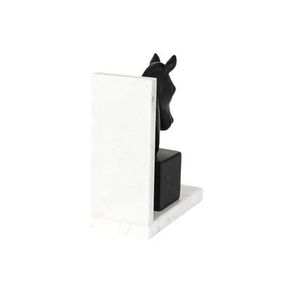 Set of Two 8" Black And White Marble And Resin Horse Decorative Bookends