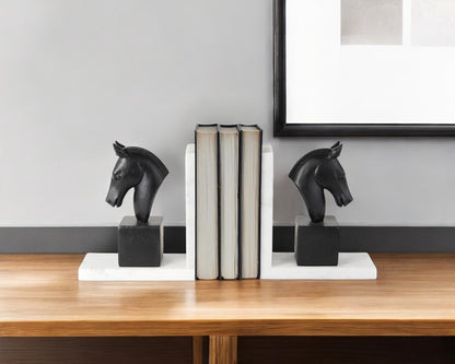 Set of Two 8" Black And White Marble And Resin Horse Decorative Bookends