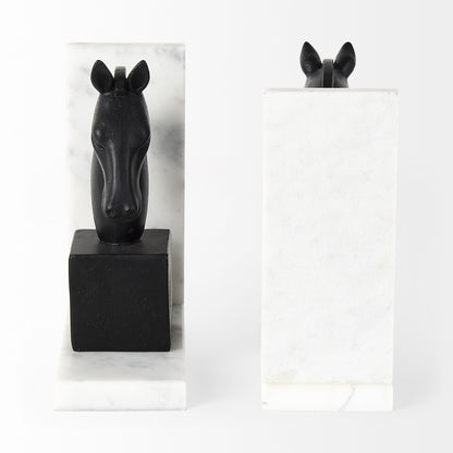 Set of Two 8" Black And White Marble And Resin Horse Decorative Bookends