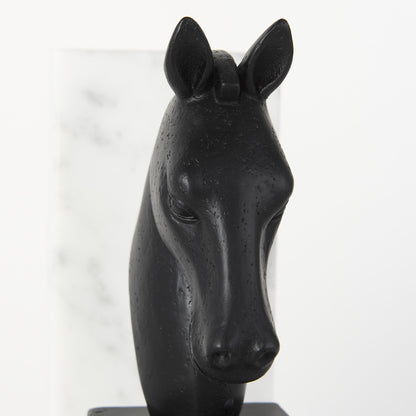 Set of Two 8" Black And White Marble And Resin Horse Decorative Bookends