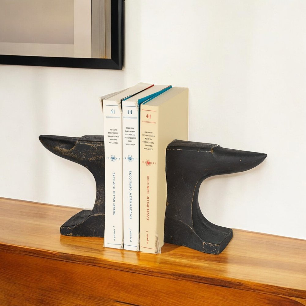 Set of Two 6" Black And Gold Polyresin Decorative Bookends