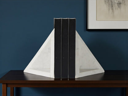 Set of Two White Marble Triangle Decorative Bookends