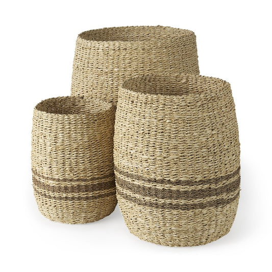 Set of Three Natural And Brown Wicker Basket