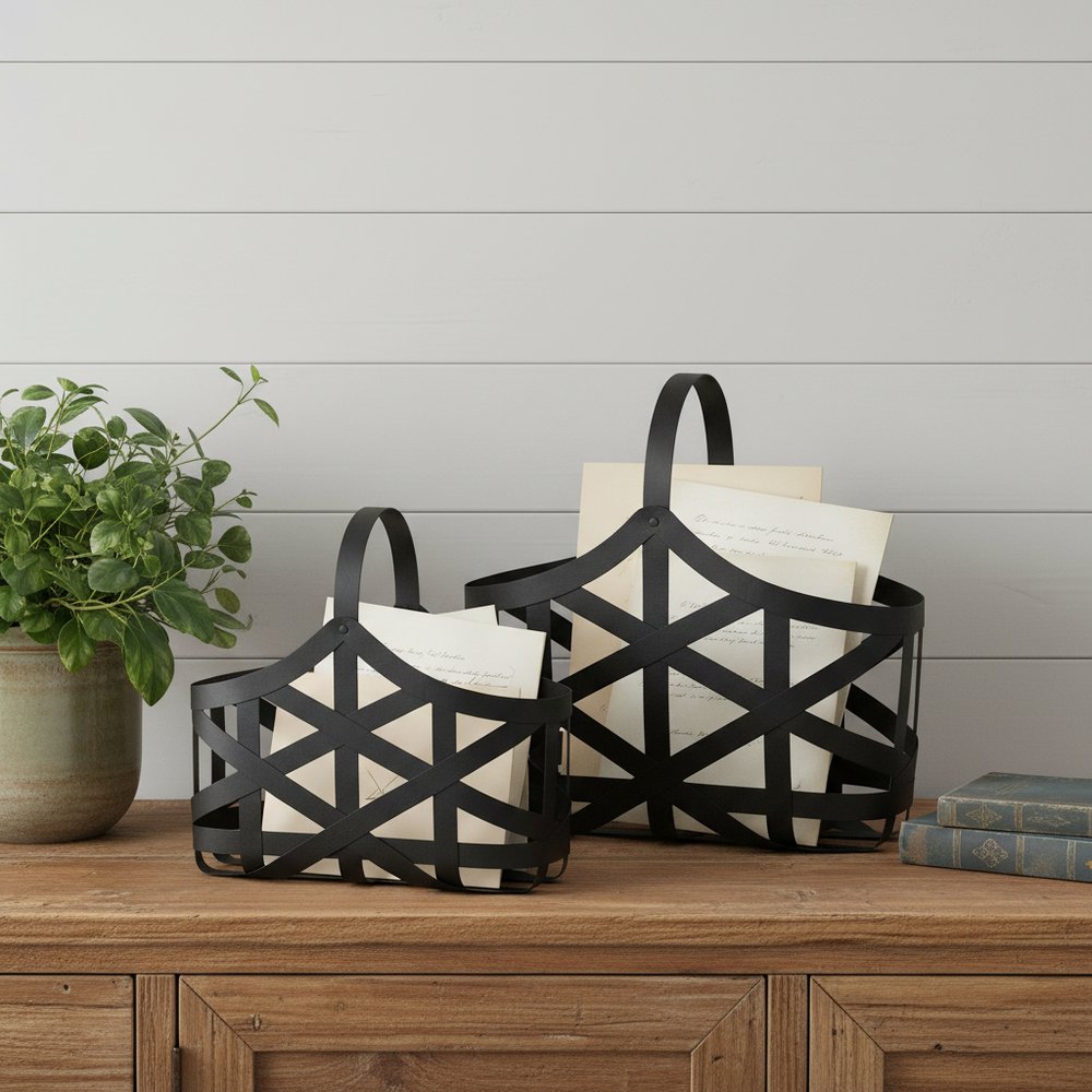 Set Of Two Black Geometric Metal Baskets