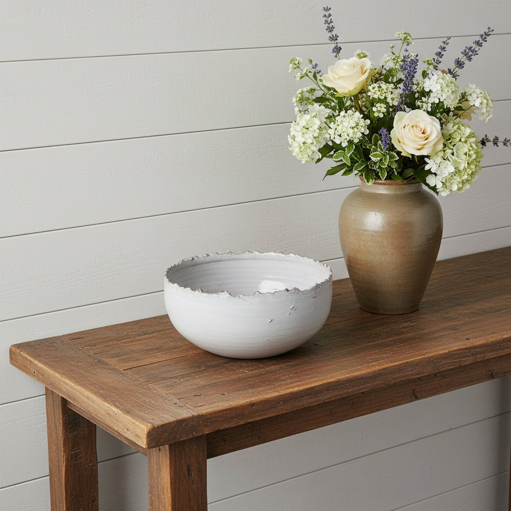 13" White Ceramic Torn Edge Round Centerpiece Bowl